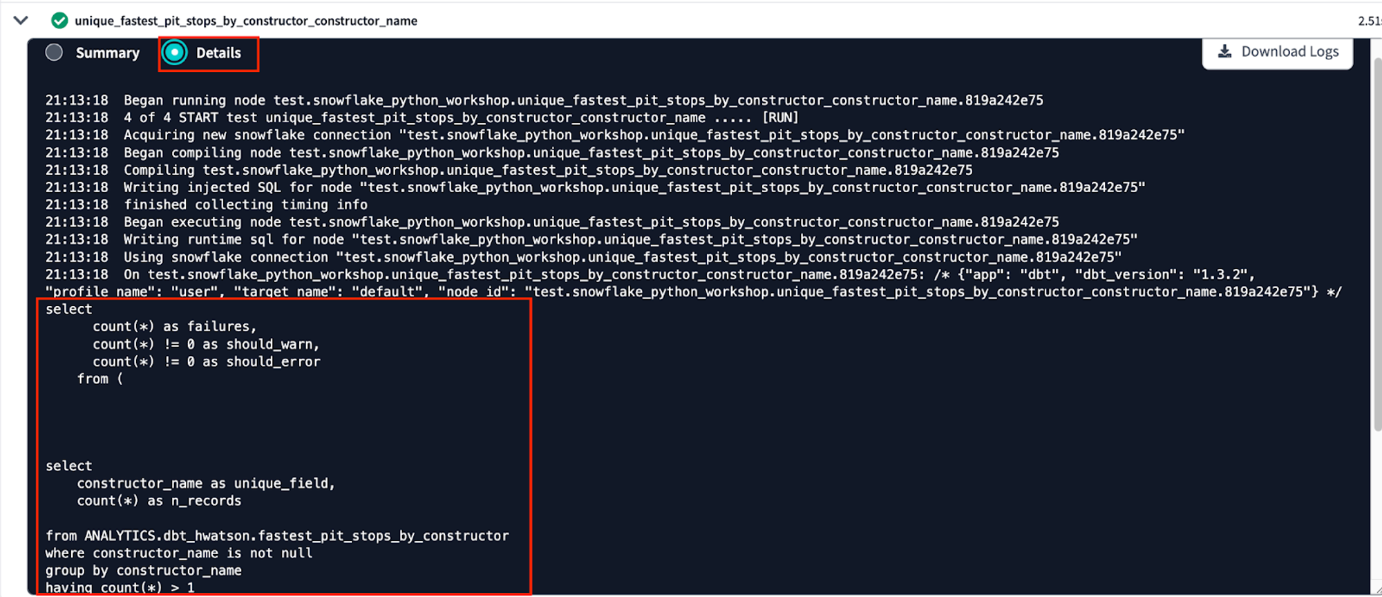 view details of testing our python model that used SQL to test data assertions